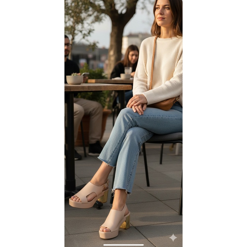 Calvin Klein Iven Nude‎ Leather Platform Slingback Metallic Gold Block Heel 6